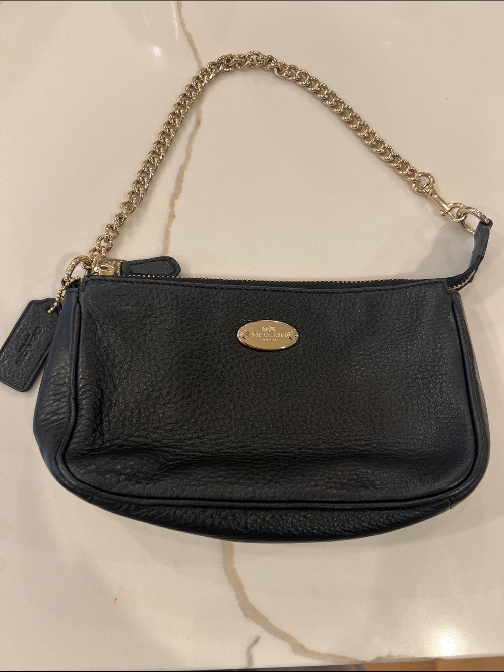 Coach Black Pebbled Leather Clutch with Gold Chain Strap
